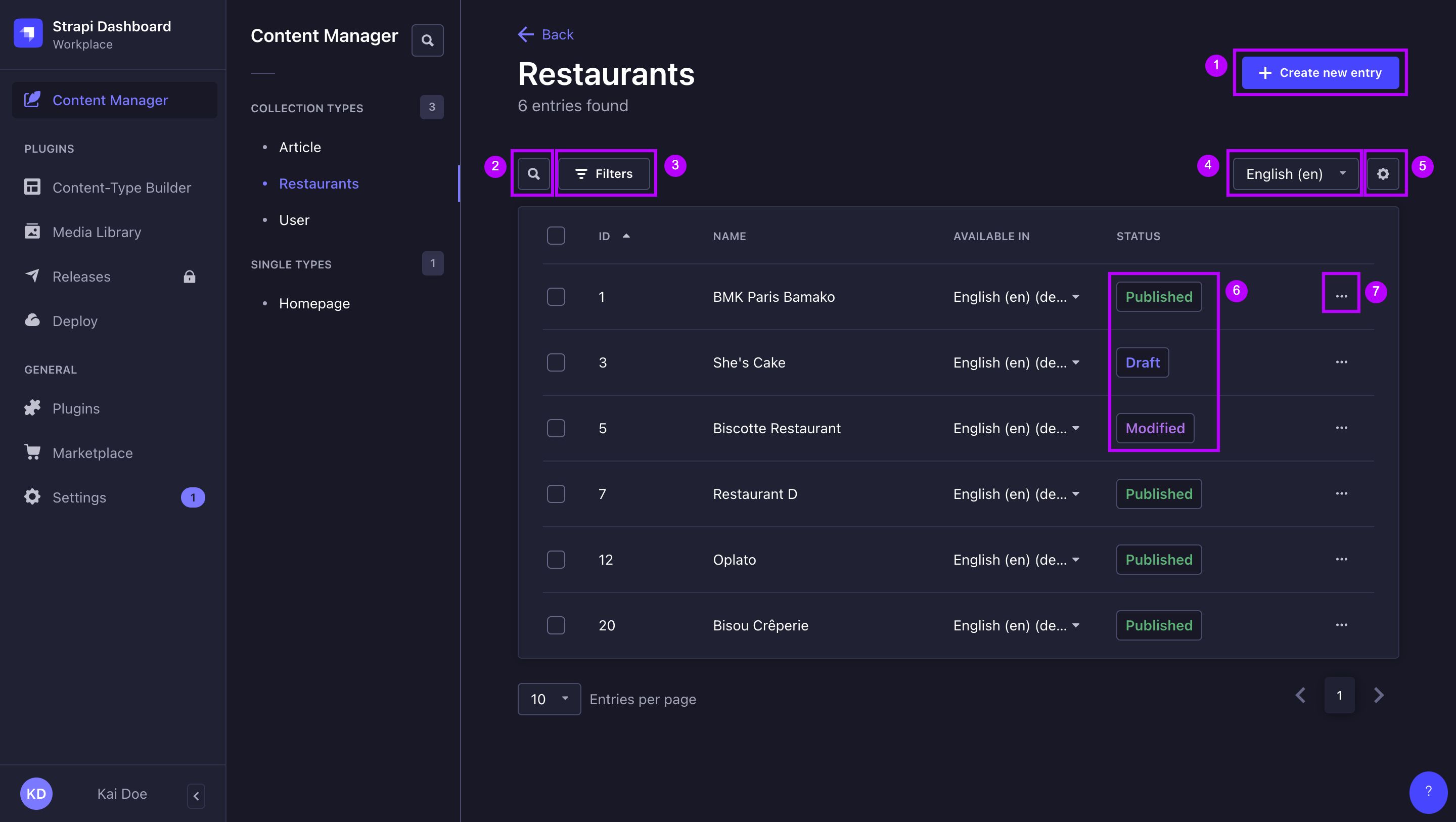 List view of a collection type in the Content Manager